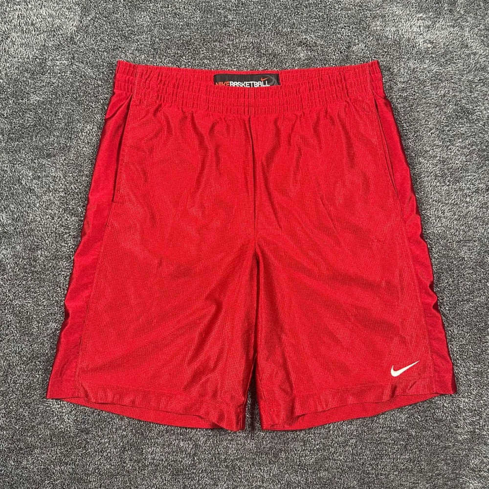 Y2K Nike Basketball Shorts Mens Large Red Mesh Athletic Silky Shiny Swoosh